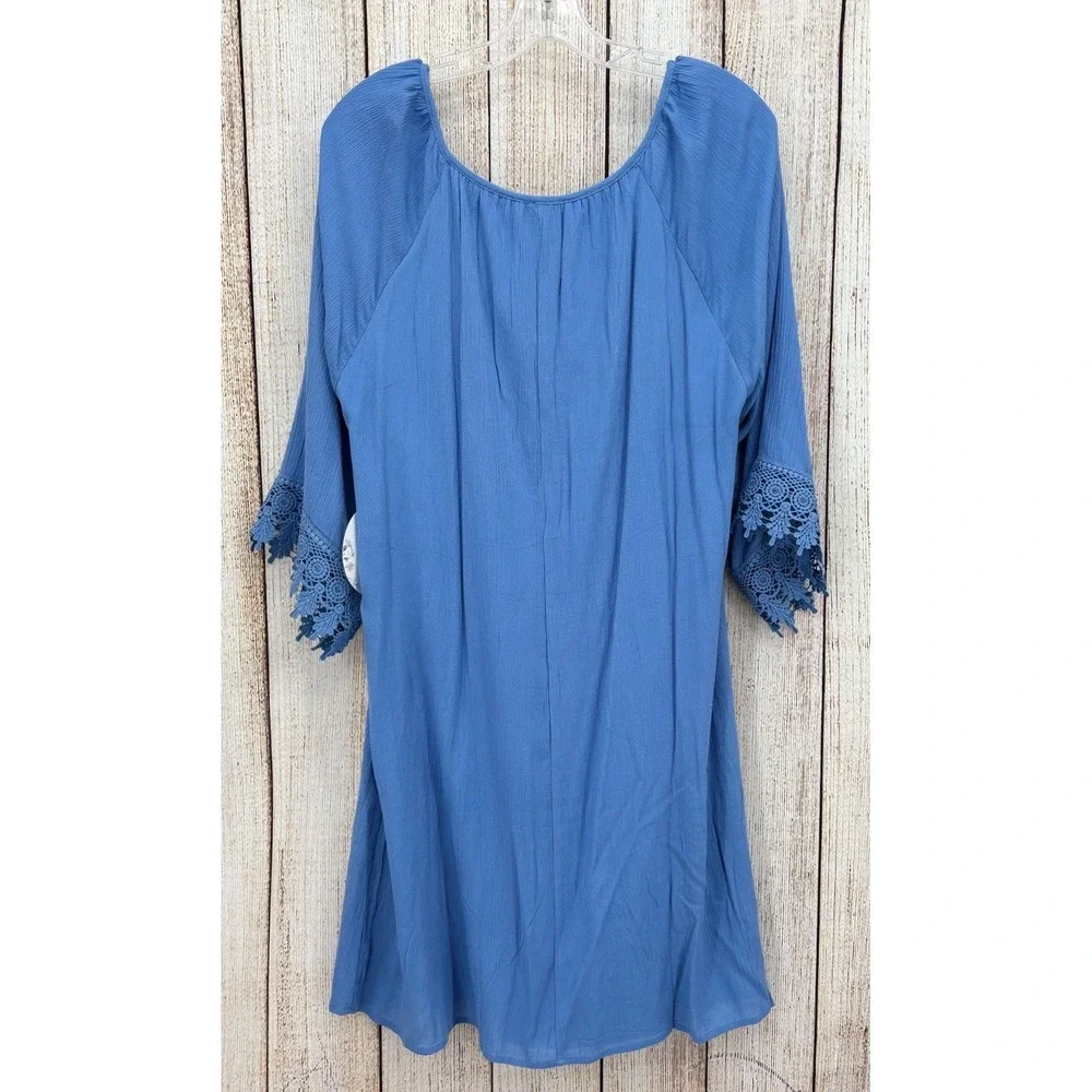 Naif Blue Boho Tunic Dress Size Medium Crochet‎ Trim 3/4 Sleeve Scoop NWT
